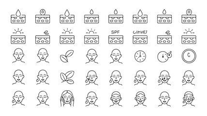 Dermatology icons featuring skin layers with moisture droplets and various facial treatment symbols