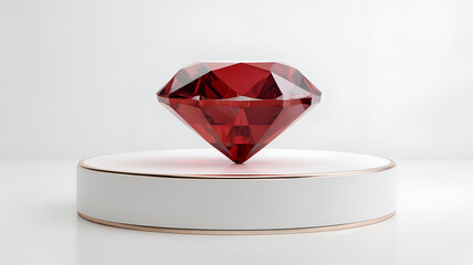 Red Faceted Gemstone on Marble Podium with Gold Base on White Background.