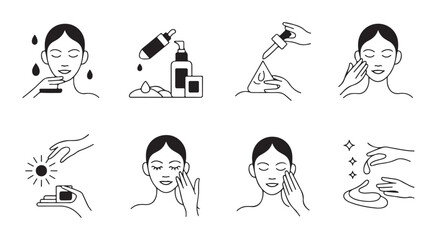 Beauty face skin care routine icons set for cosmetology and dermatology vector illustration
