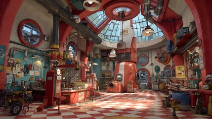 Whimsical, brightly-lit workshop scene with checkerboard floor, retro machinery, and arched windows