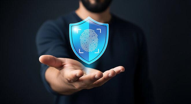 Digital Guardian Holding Security Shield Fingerprint Scan for Data - Powered by Adobe