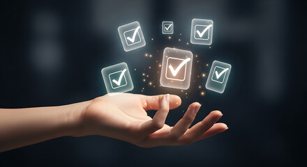 Hand Holding Glowing Checkmarks Digital Solutions Approval System