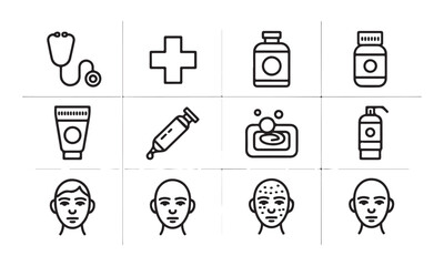 Dermatology and men skincare line icons set presenting medical equipment products and facial conditions
