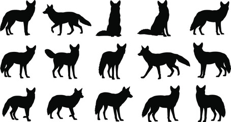 Fototapeta premium Fox Silhouette Collection, Wild Animal Vector Set, Black Vulpes Icons, Predator Shapes, Standing and Sitting Foxes, Wildlife Graphic Design Elements