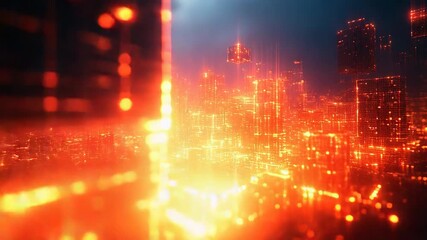 Digital city grid glowing with vibrant orange and red lights, depicting data flow, network connections and futuristic urban technology powering a smart, connected metropolis - Powered by Adobe
