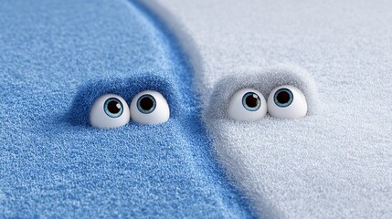Whimsical cartoon eyes peek over a softly textured, color-split surface
