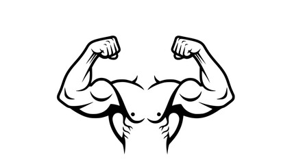 Flat vector illustration of muscular arms flexing biceps, isolated on white background, gym anatomy illustration, fitness training concept, clean bold outlines, modern sports vector
