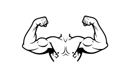 Flat vector illustration of muscular arms flexing biceps, isolated on white background, gym anatomy illustration, fitness training concept, clean bold outlines, modern sports vector