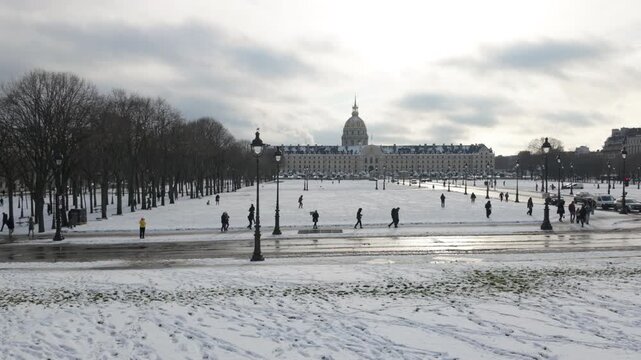 Les Invalides plaza with snow