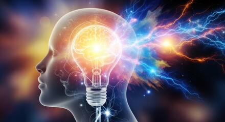 A human head with a light bulb inside, emitting energy and light, against a colorful background with lightning and fireworks.