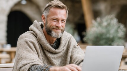 Medieval Knight Using Laptop at Outdoor Caf&eacute;, Historical Clothing Paired With Modern Remote Work Technology, Time Travel Concept Blending Tradition and Digital Lifestyle