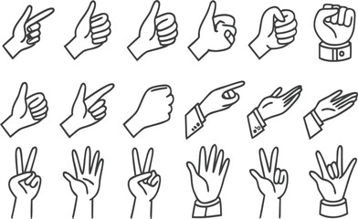 Fototapeta premium Vector illustration of a hand gestures set featuring a palm, fist, and pointing finger icons in a cartoon silhouette design for creative idea concepts and victory signs collection