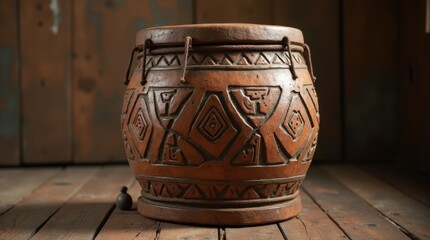 African tribal drum with carved geometric patterns on wood
