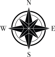 Fototapeta premium Classic Black Compass Rose Navigation Icon, Vector Nautical Wind Rose Symbol for Travel Maps, Marine Exploration, Directional Graphics, Adventure Branding, and Geographic