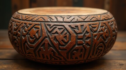 African tribal drum with carved geometric patterns on wood
