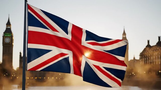 Union Jack flag waving with iconic London skyline at sunrise