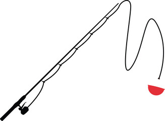 Fishing rod silhouette with a red and white bobber illustration. Recreational angling equipment vector for fishing tournaments, outdoor hobby promotions, and nature travel designs. © Michael