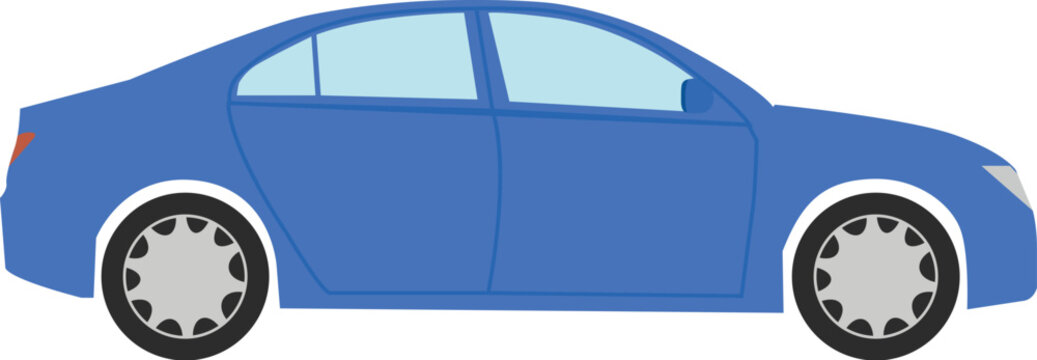 Modern blue sedan car side view illustration. Generic four-door passenger vehicle vector isolated on white. Perfect for transportation, automotive, and travel-themed graphic design projects.