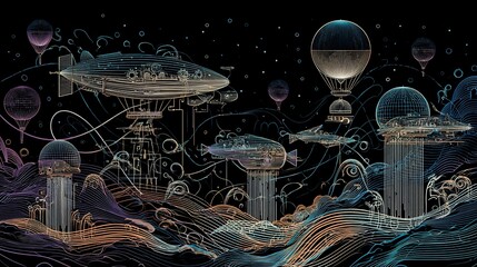Whimsical, futuristic cityscape with airships, balloons, and intricate line art over waves