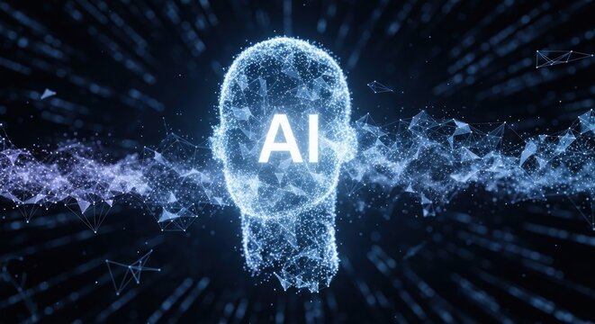 A digital representation of a human head with the letters 'AI' inside it, set against a dark, abstract background with glowing, pixelated shapes.
