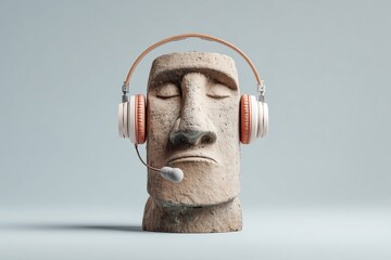 Moai Statue Wearing Headphones With Podcast Microphone, Ancient Stone Sculpture Combined With Modern Audio Technology, Cultural Heritage Meets Digital Media, Creative Communication