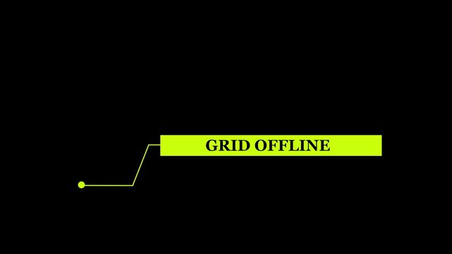 Animated futuristic HUD textbox displaying &lsquo;Grid Offline&rsquo; alert, digital callout title for broadcast news graphics on dark background.
