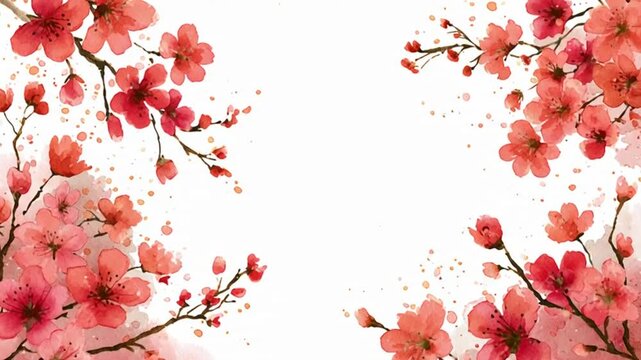 Painted peach blossoms framing white space