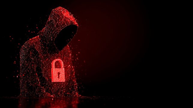 Mysterious hooded hacker with glowing red padlock icon representing digital data breach and cyber security threat - Powered by Adobe