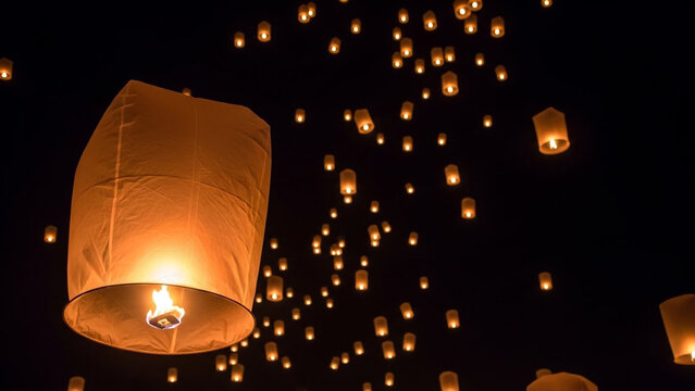 Sky lanterns flying in the night sky with warm glowing light
