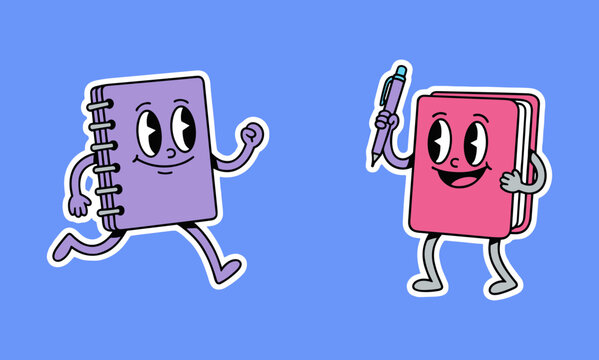Cute retro cartoon character notebooks with smiling faces and pen standing and running for school education and office stationery supply concept