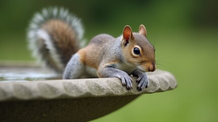 Obraz premium Close up of gray squirrel leaning over concrete birdbath rim 