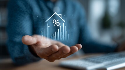 Real estate investor analyzing mortgage interest rates and property market growth with digital holographic house icon