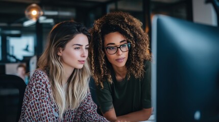 Two women collaborate on a computer in an office. They focus on the screen sharing ideas and discussing a specific project. Other people work in the background.