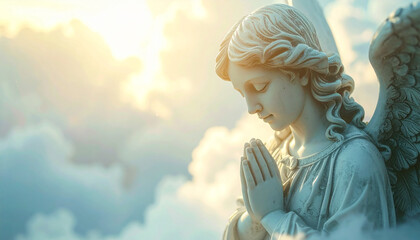 Fototapeta premium Praying angel statue among clouds, heavenly light illuminating details, spiritual and serene, Christianity