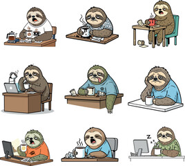 Obraz premium vector illustration of tired sloth working with coffee