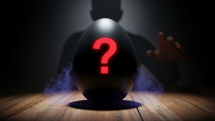 A dramatic shadowy figure reaches toward a mysterious black egg marked with a glowing red question mark on a smoky wooden surface, concept for unknown variable, risk management and future prediction