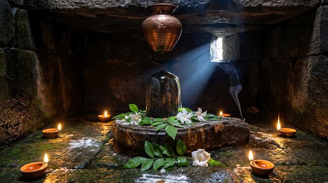 Himalayan Shiva lingam stone sanctum at midnight, moonbeam abhishekam with copper kalash drip, diyas glow, bilva leaves and dhatura flowers, incense smoke