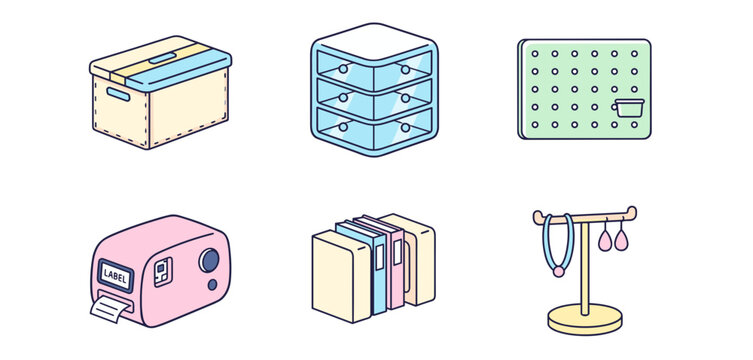 Home and office organization storage icons set in flat line art style including storage box drawer pegboard bookend and label maker