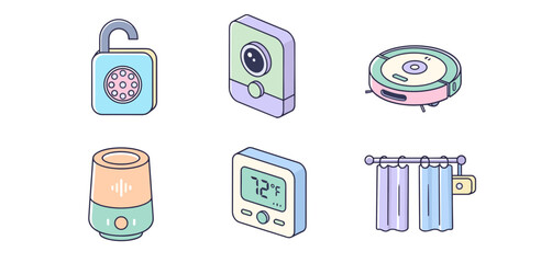 Smart home technology icons featuring electronic lock security camera robotic vacuum air purifier thermostat and smart curtains