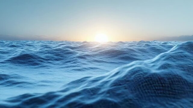 Digital ocean waves forming a wireframe mesh surface. Representing a virtual reality metaverse environment with data flowing and a glowing sunset on the horizon. Symbolizing technology and connection