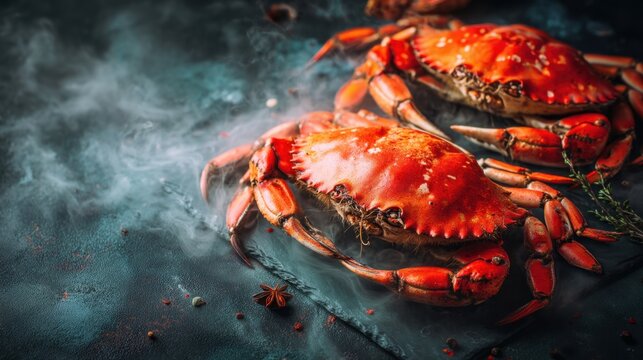 Two large red crabs are sitting on a black table with a lot of smoke in the background. The smoke gives the image a mysterious and dramatic mood