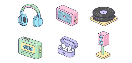 Isometric Audio Equipment Set with Headphones Radio Vinyl Records Cassette Tape Wireless Earbuds and Speaker Icons for Music Enthusiasts