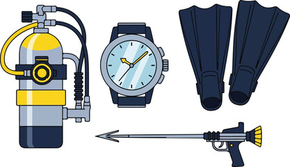 Scuba diving equipment watch flippers gun. © progoz