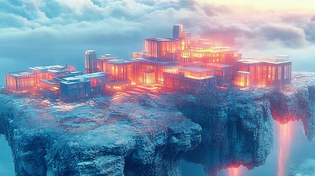 Floating island city showcasing advanced glowing architecture high above the ocean, surrounded by ethereal clouds, representing a futuristic utopia or fantasy world