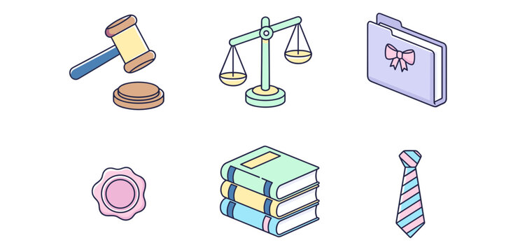 Law and justice icons set with judge gavel legal scale document folder book and tie for professional legal services and court concept