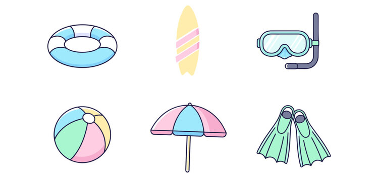 Summer beach vacation icons set with lifebuoy surfboard snorkeling mask ball umbrella and flippers for tropical holiday and sea travel
