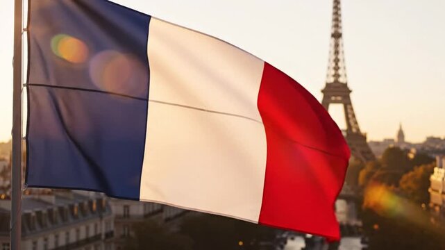 French flag waving with Eiffel Tower in the background at sunset