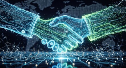 Two illuminated hands shaking over a digital world map.