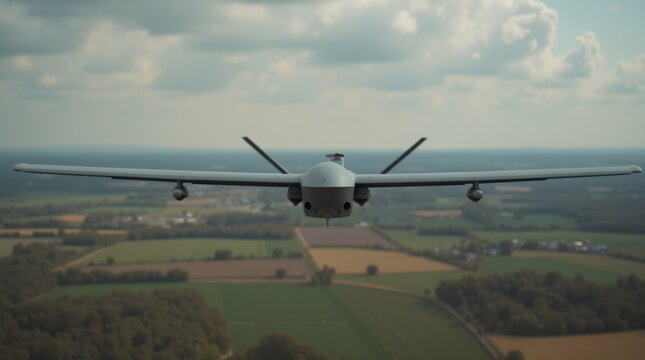 Gray fixed wing reconnaissance drone soaring over rural landscape
