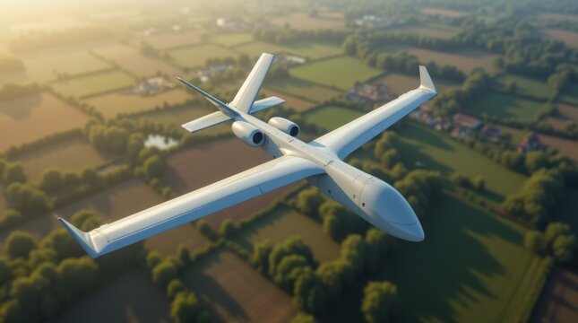 Gray fixed wing reconnaissance drone soaring over rural landscape
